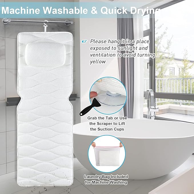 Full Body Bath Pillow, Bath Pillows for tub with Mesh Washing Bag & 21 Non-Slip Suction Cups, Spa Bathtub Pillow for Head Neck Shoulder and Back Support - 5D Air Mesh & Quick Drying