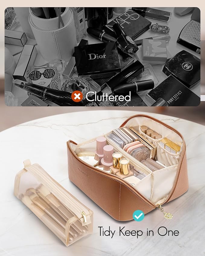 Vlando Travel Makeup Bag,Teacher Appreciation Gifts,Brown Leather Make up Bagr for Women,Makeup Brushes Bag with Divider and Handle,Gifts for Mom Women Traveler