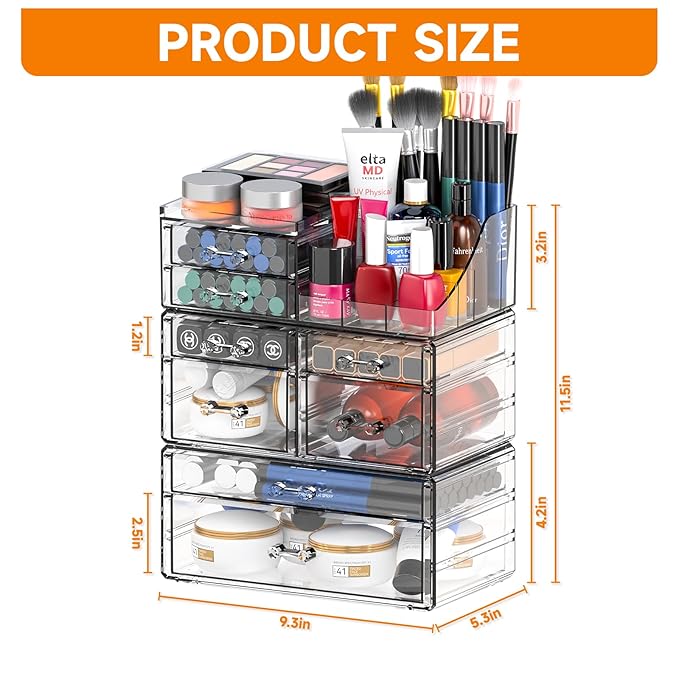 Cq acrylic 3 Pack Clear Make Up Organizers for Vanity With 8 Drawers,Stackable Skincare Organizer and Cosmetic Storage Organizer for Jewelry,Lipstick,Beauty,Skin Care,Vanity Organizers and Storage