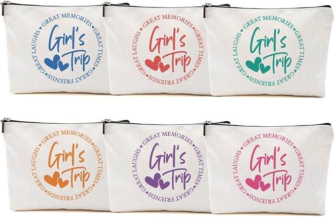 6Pcs Girls Trip Gifts Favors, 2025 Girls Weekend Gifts Makeup Bag, Bestie Gifts Weekend Bag Travel Gifts Vacation Cosmetic Bag, Friendship Gifts for Friends, Graduation Wedding Gifts Toiletry Bag