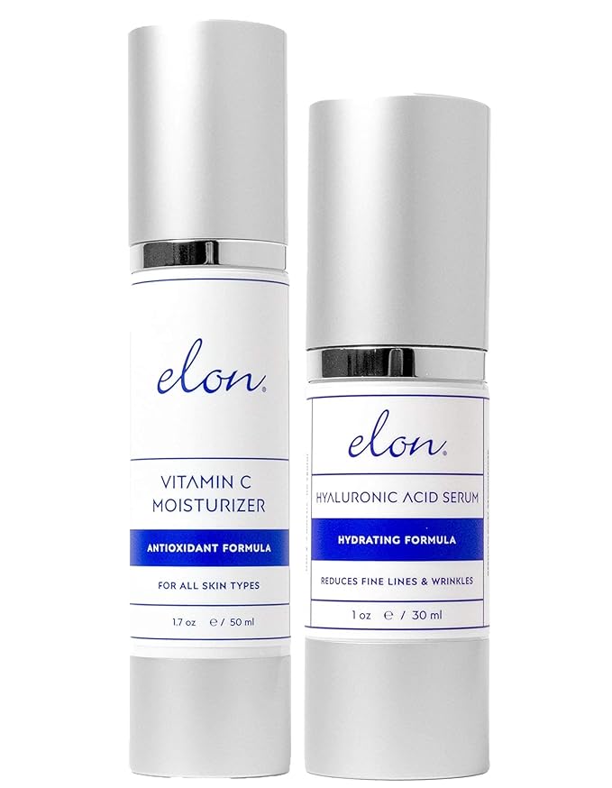 Elon Revitalizing Bundle - Hyaluronic Acid & Antioxidant C Lotion & Serum Set for Deep Hydration, Collagen Production & Smooth Even Skin