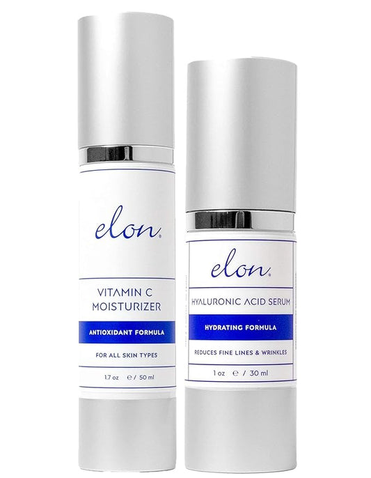 Elon Revitalizing Bundle - Hyaluronic Acid & Antioxidant C Lotion & Serum Set for Deep Hydration, Collagen Production & Smooth Even Skin