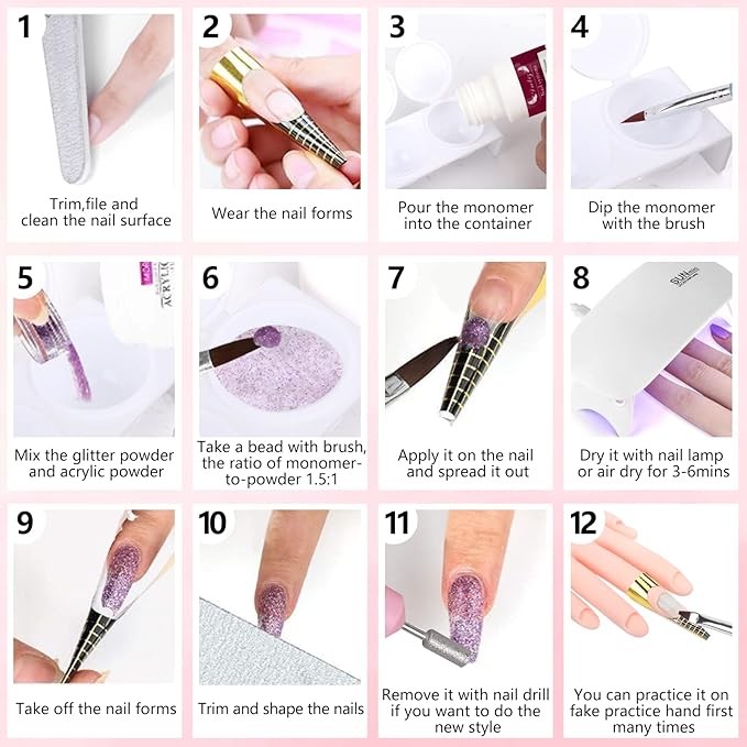 Nail Practice Hand for Acrylic Nail Kit, Fake Nail Mannequin Hand for Nails Practicing, Nail Training Finger with Acrylic Nail Kit Powder Nail Art Tools Professional Nail Starter Set