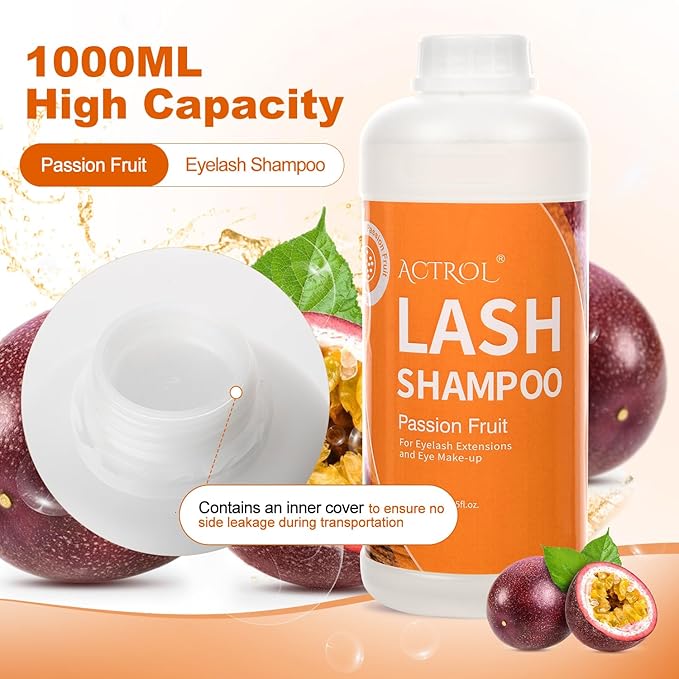 Eyelash Extension Cleanser Passion Fruit 1L Natural Lash Extension Shampoo Professional Eyelid Foaming Cleanser Paraben & Sulfate Free Non-lrritating with Salon and Home Care