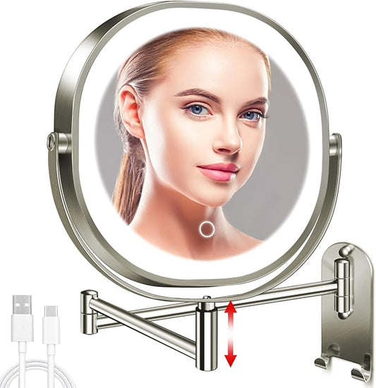 9" Wall Mounted Lighted Makeup Mirror, 3000mAh Rechargeable Double Sided 1X/10X Magnifying Mirror with Hook, 3 Color Lights Dimmable 360° Rotation Vanity Mirror for Bathroom