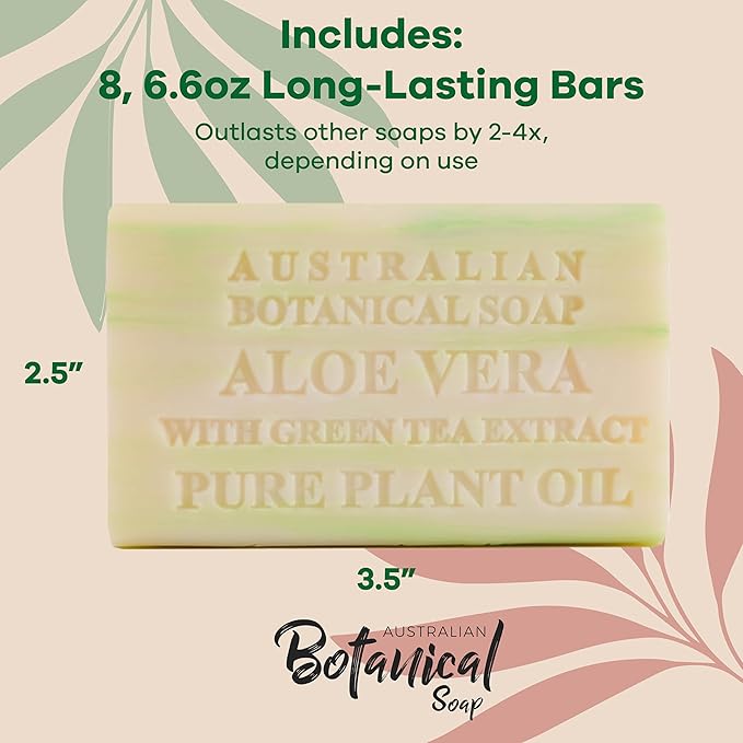Australian Botanical Soap, 6.6 OZ, Aloe Vera and Green Tea Extract, Triple Milled Bars made with a Natural Soap Base and Enriched with Organic Shea Butter, Pack of 8