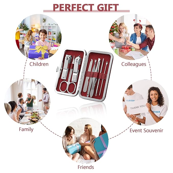 Geosar 12 Sets Manicure Set Nail Clippers Pedicure Kit 8 in 1 Stainless Steel Professional Grooming Kits Nail Care Tools with Travel Case for Men Women(Wine Red)