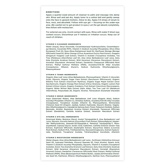 Tree of Life Beauty Vitamin C Brightening Complete (Pack of 5) Serum (1 Oz), Moisturizer Cream (1.7 Oz), Eye Gel (0.5 Oz), Toner (4 oz), Cleanser (4 oz), Renewing Face Dermatologist Tested Skin care