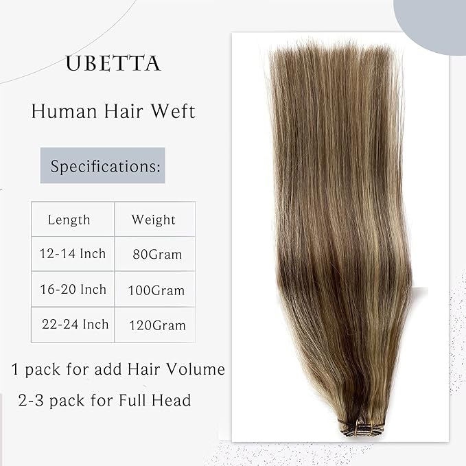 Sew In Real Human Hair Extensions, 20 Inch 100G Weft, Ash Brown Balayage Honey Blonde Highlights, Hand Tied, Remy Human Hair Bundles, Sew In for Women
