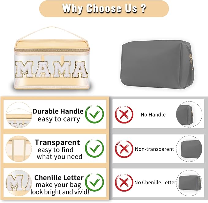 Chenille Letter Clear Makeup Bags Mama Pouch, Preppy Patch Makeup Bag Zipper with Handle, Transparent PVC & Nylon Waterproof Glitter Cosmetic Handbag Travel Toiletry Storage for Women Girl(MAMA-Beige)