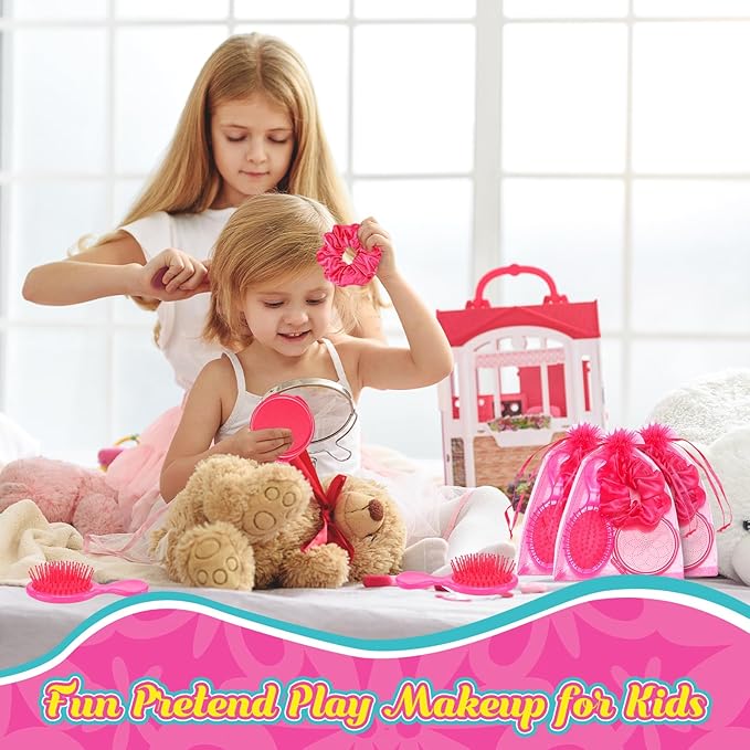 12 Set 12 Pcs Pink Girl Party Favors Kids Makeup Party Favor Pink Hair Brush Elastic Scrunchies Compact Cosmetic Mirror Organza Bags Hair Accessories for Girls Women