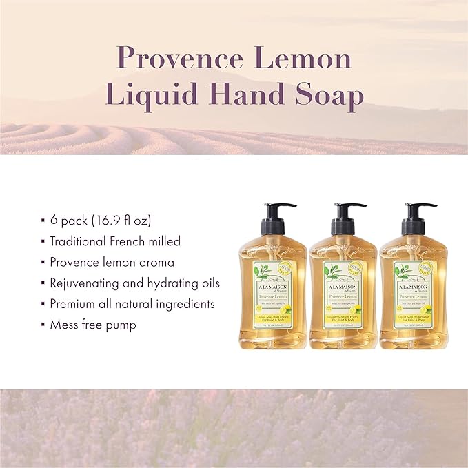 A LA MAISON French Liquid Hand Soap, Provence Lemon - Natural Hand Wash Made with Essential Oils - Biodegradable, Plant-Based, Vegan, Cruelty-Free, Alcohol & Paraben Free (16.9 oz, 6 Pack)