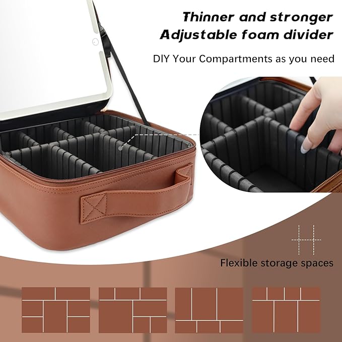 Travel Makeup Bag with LED Lighted Mirror,Cosmetics Organizer, Makeup Bag with 3 Color Lighted Setting, Portable Storage and Adjustable Dividers Travel Makeup Bag(Dark brown)