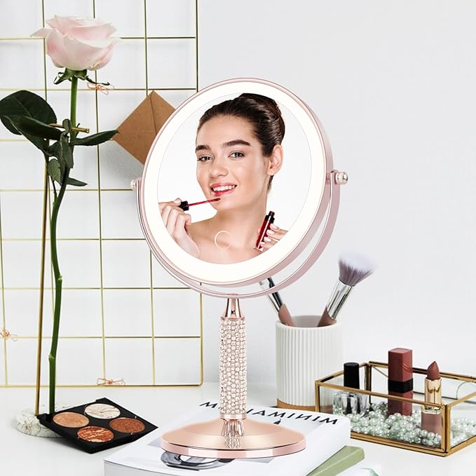 7" Rose Gold Glitter Diamond Rhinestone Makeup Mirror,360°Rotate Round Tabletop Vanity Mirror Double Sided 1X/10X HD Undistorted Magnifying Mirror,Portable Vanity Women Gift (Rose Gold)