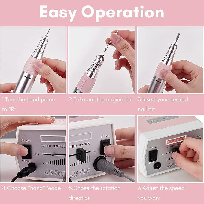 Makartt Nail Drill Portable Electric Nail File Machine Geneviere E File Pink JD700 Professional 30000RPM Manicure Drill Bundle With 300Pcs #80#150#240 Grits Nail Drill Bits Sanding Bands