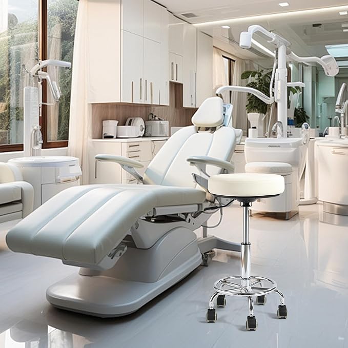 Adjustable Rolling Stool with Wheels - Ergonomic Salon & Tattoo Artist Chair, Office Stool with Comfortable PU Leather Seat, White