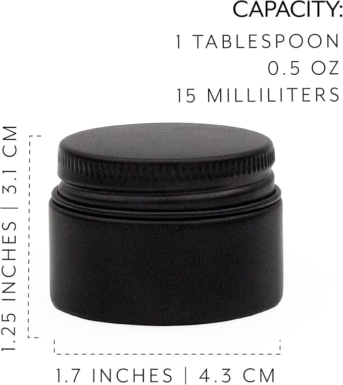 Darware 15-Milliliter Glass Balm Jars (24-Pack, Black); 1/2 oz Tiny Cosmetic Jars with Lined Black Metal Lids