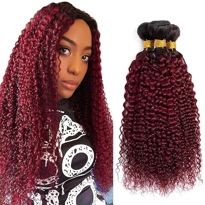 Ombre Human Hair Bundles 1B99j Curly Weave Bundles Black and Burgundy Curly Bundles two tone Brazilian Remy Human Hair Extensions Wet and Wavy for Woman 10 12 14 Inch