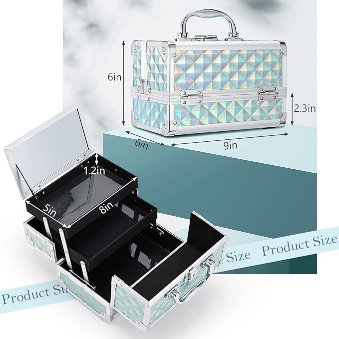 FRENESSA Makeup Case Portable Makeup Box Organizer Travel Cosmetic Case Storage with Mirror Locking Make Up Cases Organizers and Storage for Artist Nail Supplies Cosmetology Case Vanity Case Blue