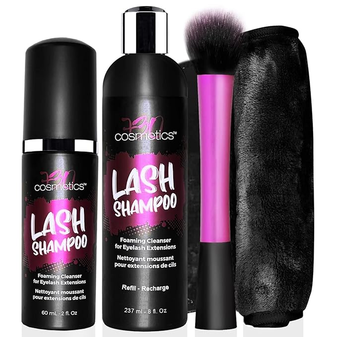 Eyelash Extension Cleansing Set with Foaming Shampoo, Refill Bottle, Brush and Makeup Remover Towel - Non-irritating Cleanser for Extensions and Natural Lashes