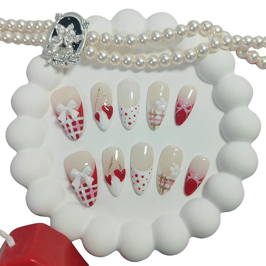 Almond Press on Nails Handmade Medium Long/Stiletto 3D Flower Fake Nail with Designs, Women Reusable False Nails (Valentine Red French, S)