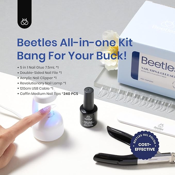Beetles Soft Gel Nail Kit Medium Coffin Easy Nail Extension Set 5 In 1 Nail Glue Gel Base Coat with Pre shaped Nail Tips and Led Nail Lamp Acrylic Nail Clipper Gifts for Women
