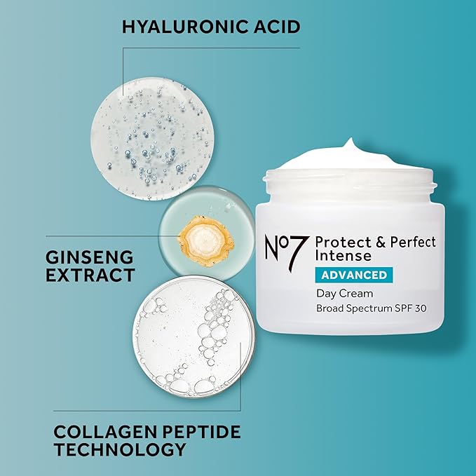 No7 Protect & Perfect Intense Advanced Face Cream - Hydrating Face Moisturizer with SPF - Formulated with Hyaluronic Acid & Collagen Peptide Technology to Help Reduce Fine Lines & Wrinkles (1.69 Oz)
