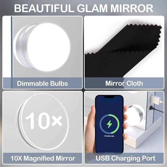 22.8 x 18.2 Vanity Makeup Mirror with Lights, 10X Magnification,Large Hollywood Lighted Vanity Mirror with 15 Dimmable LED Bulbs, USB Charger Port, Tabletop or Wall-Mounted Gold…