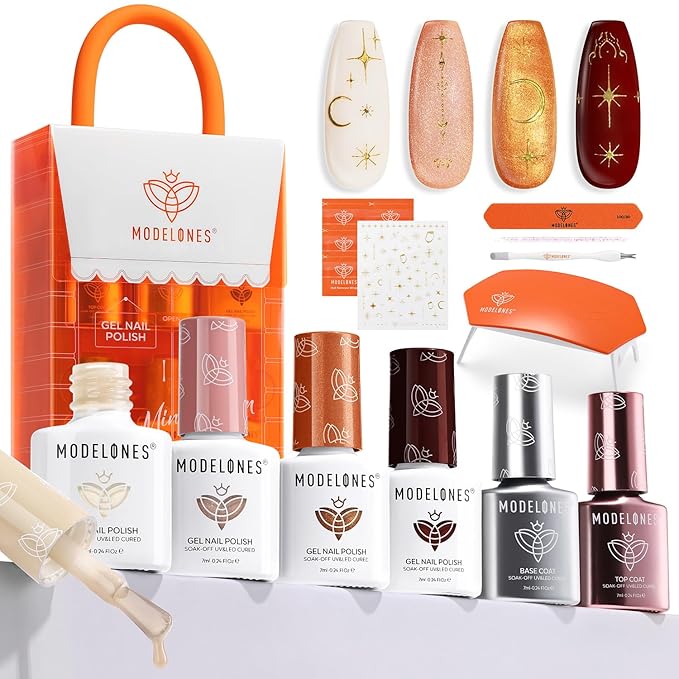 Modelones Gel Nail Polish Kit with U V Light, Milky White Nude Glitter Pink Red Gold Metallic Manicure Set with Base Top Coat Star Stickers 4 Colors Gel Mini Salon Nail Art Starter Gift for Women Girl