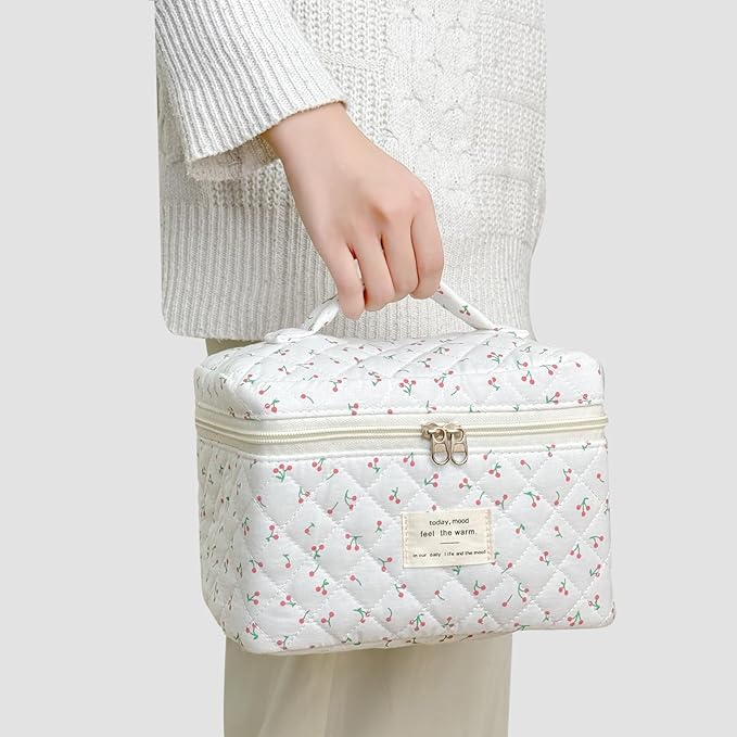 3Pcs Cotton Quilted Makeup Bag for Women Girls, Large Floral Cosmetic Bag Set Cute Makeup Brushes Aesthetic Accessories Storage Bag Flower Travel Toiletry Bag Organizer
