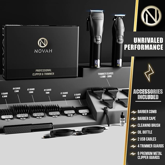 Novah® Professional Hair Clippers for Men, Professional Barber Clippers and Trimmer Set, Mens Cordless Hair Clipper for Barbers Haircut Kit Fade