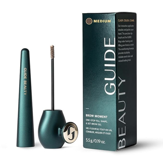 GUIDE Beauty Brow Moment, One-Stop Brow Gel with a Fine Tip Brush to Expertly Fill, Shape & Set Brows, Patented GUIDE Ring for an Easy, Secure Hold (Medium)