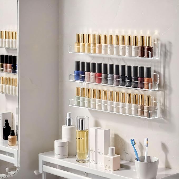 NIUBEE 24 Inches Nail Polish Rack Wall Mounted Shelf with Removable Anti-slip End Inserts, Clear Acrylic Nail Polish Organizer Display 150 Bottles