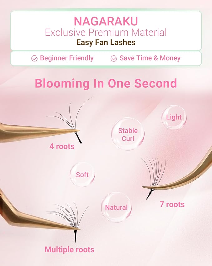 NAGARAKU Easy Fan Eyelash Extensions Volume Lash 0.05 C curl 12mm Rapid Blooming Faux Mink Cluster For Beginners Soft Professional Lash Supplies