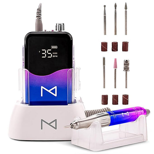 M Mase- Professional Nail Drill Machine - 2-in-1 Nail File - Cordless, 35000 RPM, HD Display - Gift for Her - Electric Nail Drill for Professional & Home Use (Unicorn Pink Blue)