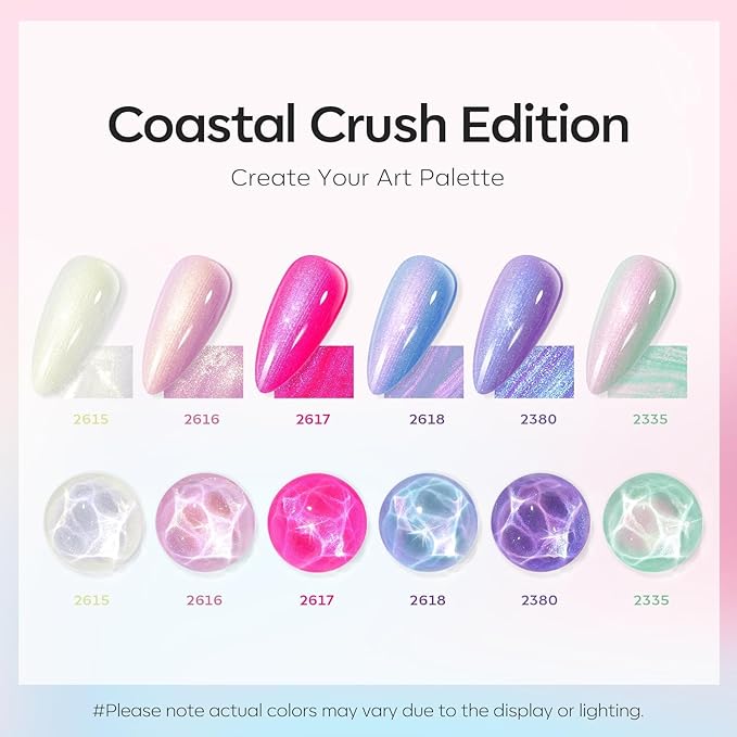 modelones Pearl Gel Nail Polish Set, 6 Colors Ocean Shimmer White Hot Pink Purple Blue Green Mermaid Glitter Gel Polish Soak Off Nail Drawing Nail Gel Polish Swirl Shell Thread Effect DIY Gift