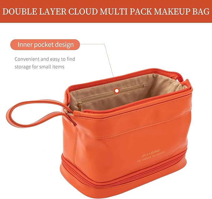 Abiudeng Large Capacity Makeup Bag Ladies Cosmetic Bag Travel Bag with Compartments Portable PU Leather Travel Makeup Bag with Handle