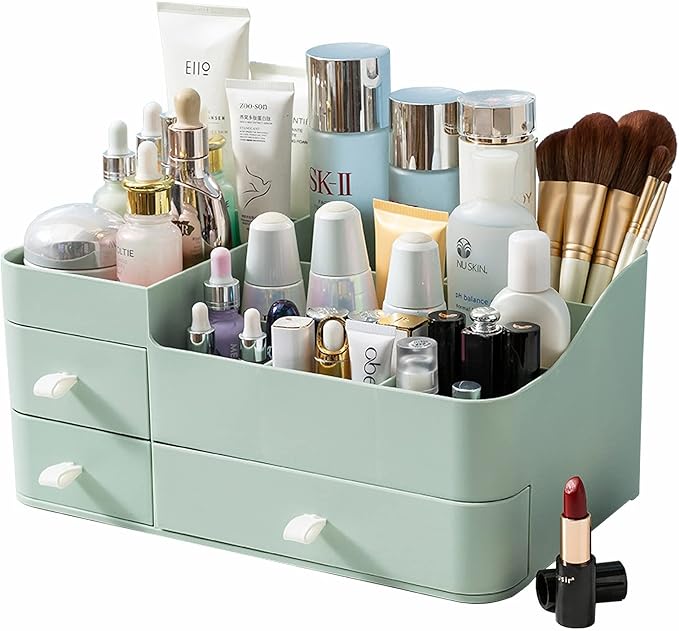 Makeup Organizer for Vanity, Large Countertop Organizer with Drawers, Cosmetics Storage for Skin Care, Brushes, Eyeshadow, Lotions, Lipstick,Nail Polish.Great for Dresser, Bathroom, Bedroom-Green