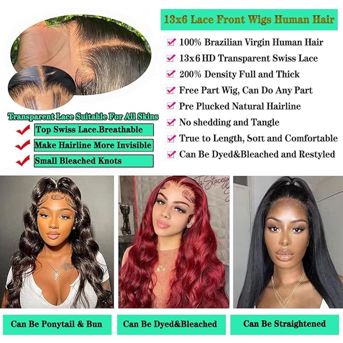13x6 Lace Front Wigs Human Hair Pre Plucked 200% Density 14 Inch Body Wave Lace Front Human Hair Wigs for Women HD Transparent Glueless Wigs Human Hair Pre Plucked with Baby Hair