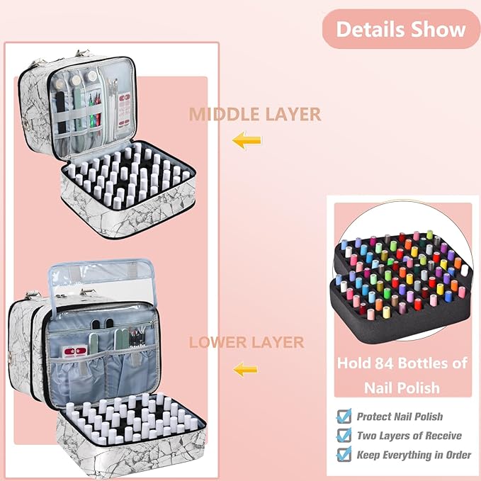 Large Nail Polish Organizer Case Hold 84+ Bottles Nail Polish & Nail Lamp, 3 Layers Nail Organizers and Storage for Nail Tech with Divider, Travel Carrying Case for Nail Polish Kit Set(White)