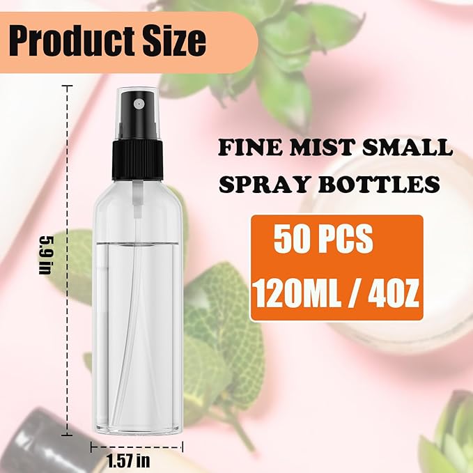 EVANCENT 50Pack Travel Spray Bottles, 4oz/120ml Small Spray Bottle with Black Fine Mist Sprayer, Portable Empty Refillable Containers Cosmetic Bottles for Plants, Cleaning, Misting & Skin Care