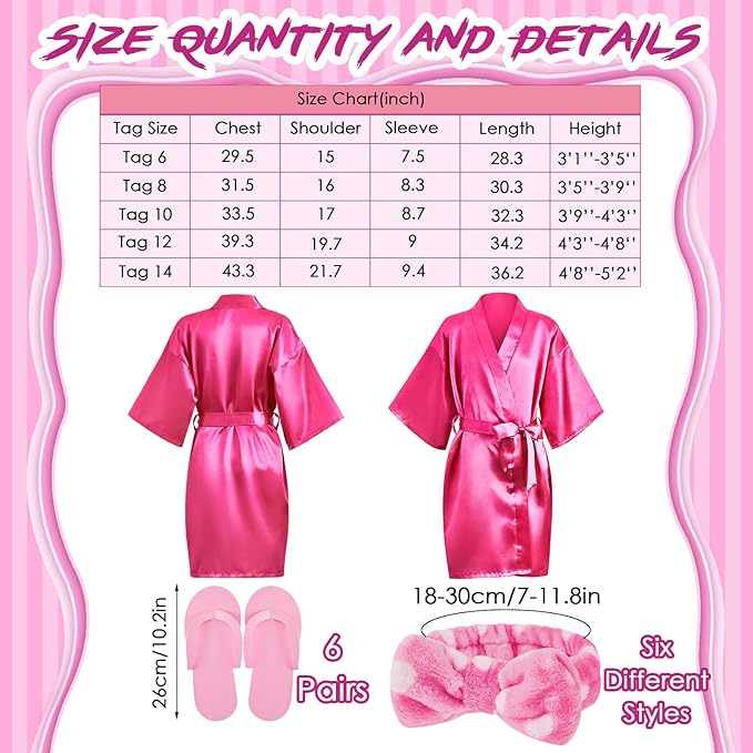 Jecery 18 Pcs Spa Party Supplies for Girls 6 Satin Kimono Robe 6 Spa Headband 6 Disposable Foam Pedicure Slippers (Rose,Size 6)