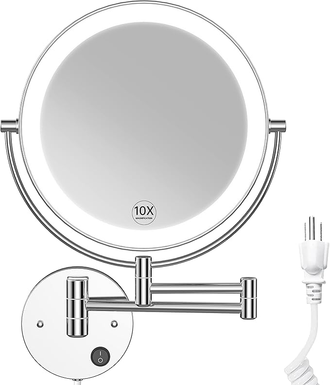 Benbilry 9" Large Size Wall Mounted Lighted Makeup Vanity Mirror, 1X/10X Magnifying Double-Sided AC Powered Bathroom Mirror, 360° Swivel 13 Inch Extendable