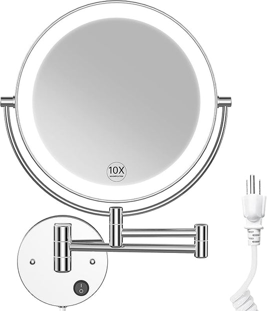 Benbilry 9" Large Size Wall Mounted Lighted Makeup Vanity Mirror, 1X/10X Magnifying Double-Sided AC Powered Bathroom Mirror, 360° Swivel 13 Inch Extendable