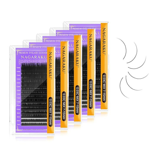 NAGARAKU 5 Trays Eyelash Extensions 0.03mm C curl 7-15mm Mix Tray Individual Lashes Classic Matte Black Faux Mink 16 Rows Professional Beauty Salon Supplies