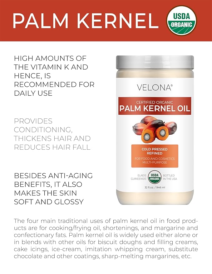 velona USDA Certified Organic Palm Kernel Oil - 32 Fl Oz | 100% Pure and Natural Carrier Oil | Refined, Cold Pressed | Face, Hair, Body & Skin Care | Use Today - Enjoy Results