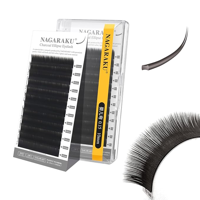 NAGARAKU Double Tips Flat Ellipse Eyelash Extensions Supplies Natural Charcoal Color Faux Mink Super Soft Split Tips Lash Individual Lashes -0.15 Baby/J Curl 10mm