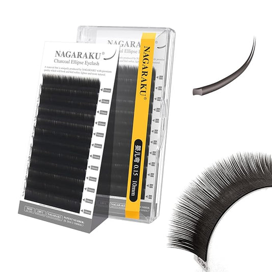 NAGARAKU Double Tips Flat Ellipse Eyelash Extensions Supplies Natural Charcoal Color Faux Mink Super Soft Split Tips Lash Individual Lashes -0.15 Baby/J Curl 10mm