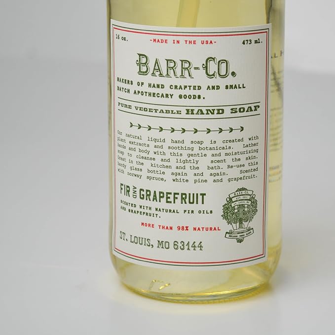 BARR-CO. Natural Hand Soap, Vegan Liquid Soap for Bathroom & Kitchen, Moisturizing Fir & Grapefruit 16 fl oz