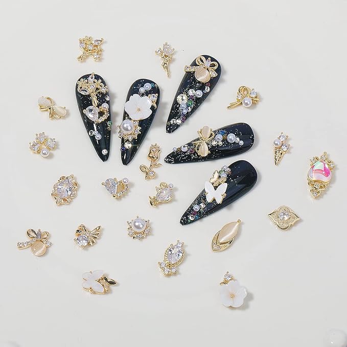 HNUIX Nail Charms and Gems - Gold Copper Zircon, Multiple Shapes 3D Dangle, Metal Jewelry Rhinestones for Nails (19pieces B Set)